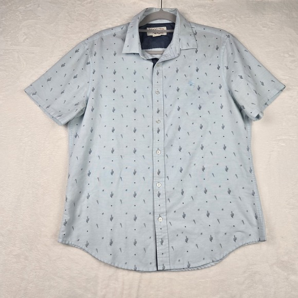 Penguin Mens Light Blue Penguin & Cactus Print Button Up Shirt Size Large Slim - Picture 1 of 12